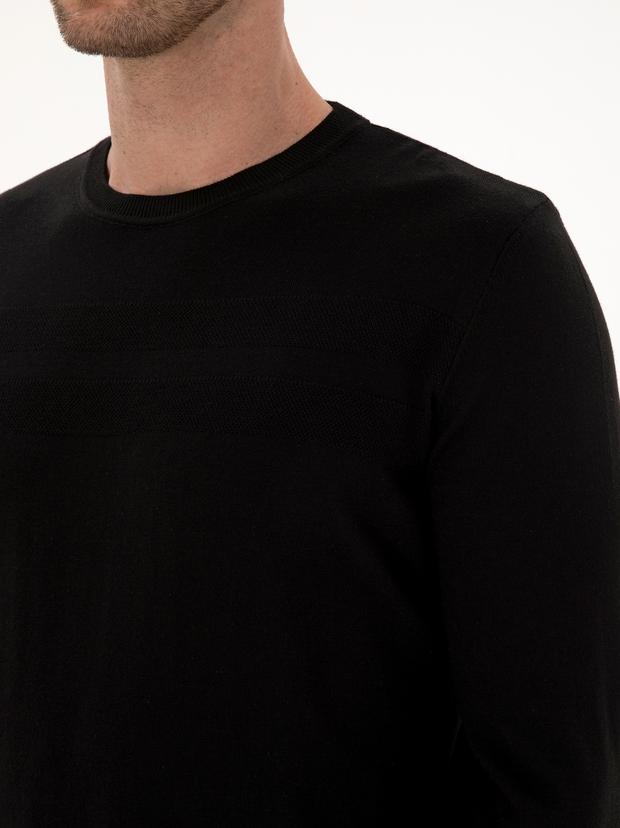 Siyah Slim Fit Pamuk Karışımlı Bisiklet Yaka Triko Kazak