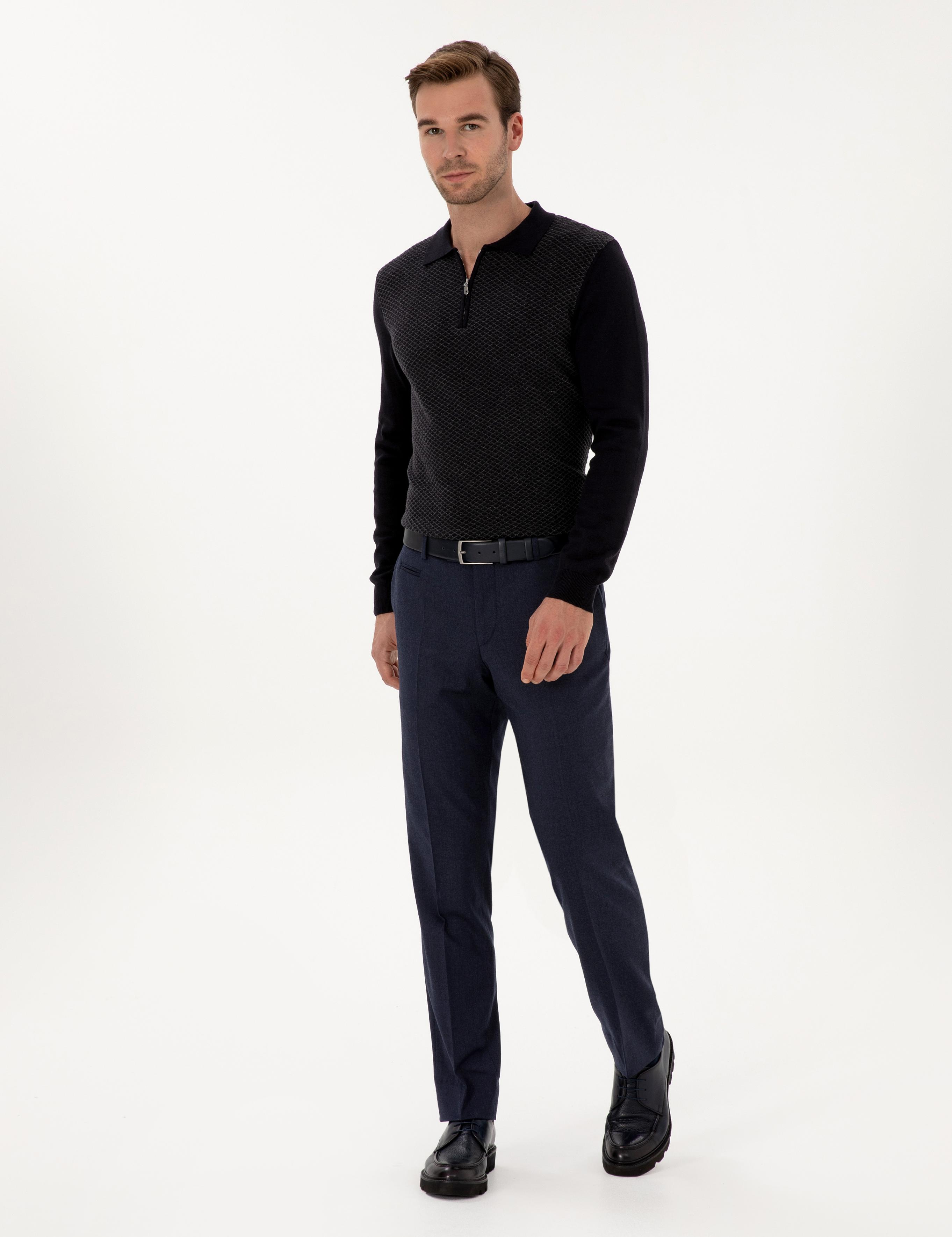 Lacivert Slim Fit Pamuk Karışımlı Fermuarlı Polo Yaka Triko Kazak - 50318948019