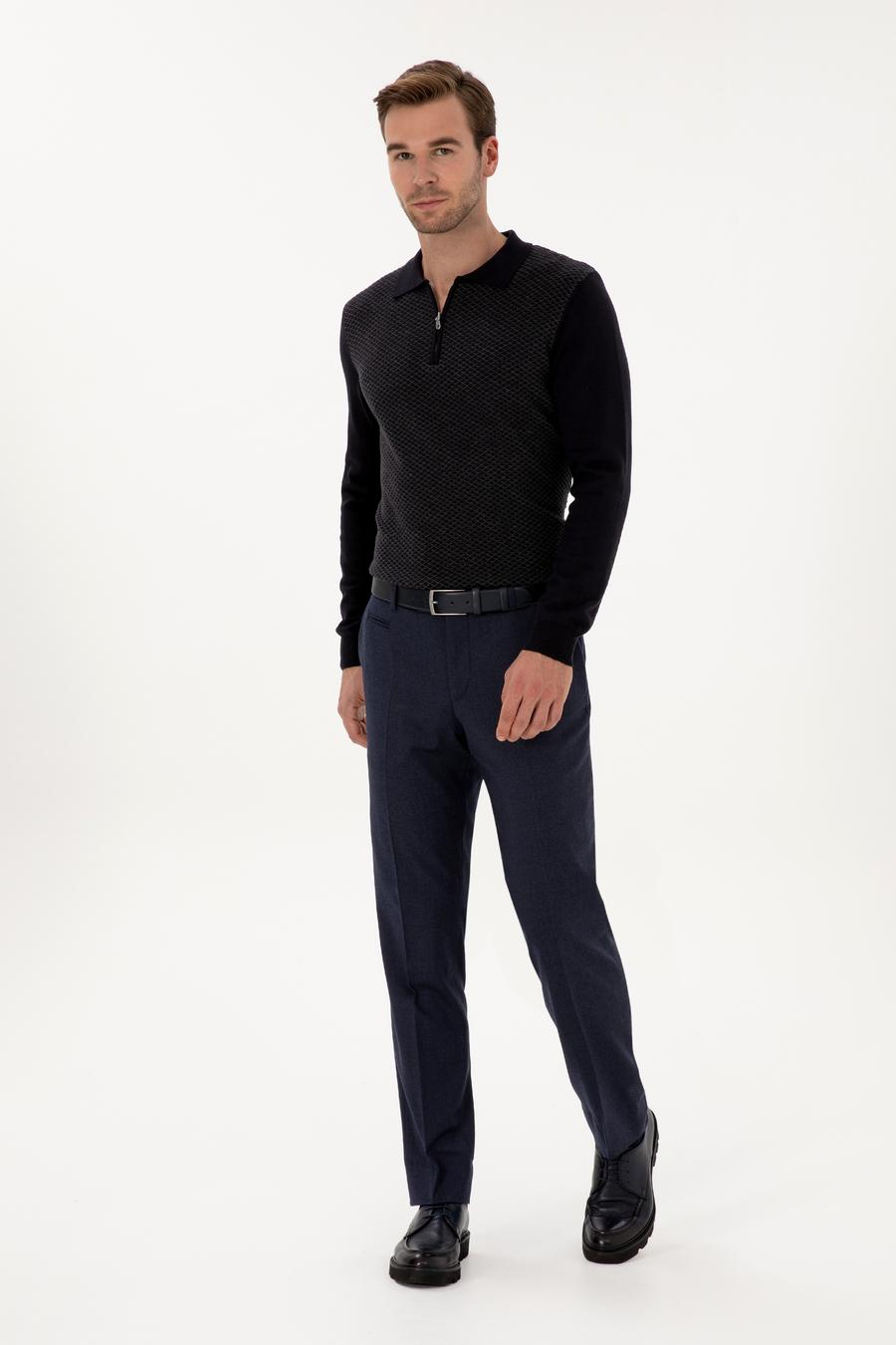 Lacivert Slim Fit Pamuk Karışımlı Fermuarlı Polo Yaka Triko Kazak - 50318948019