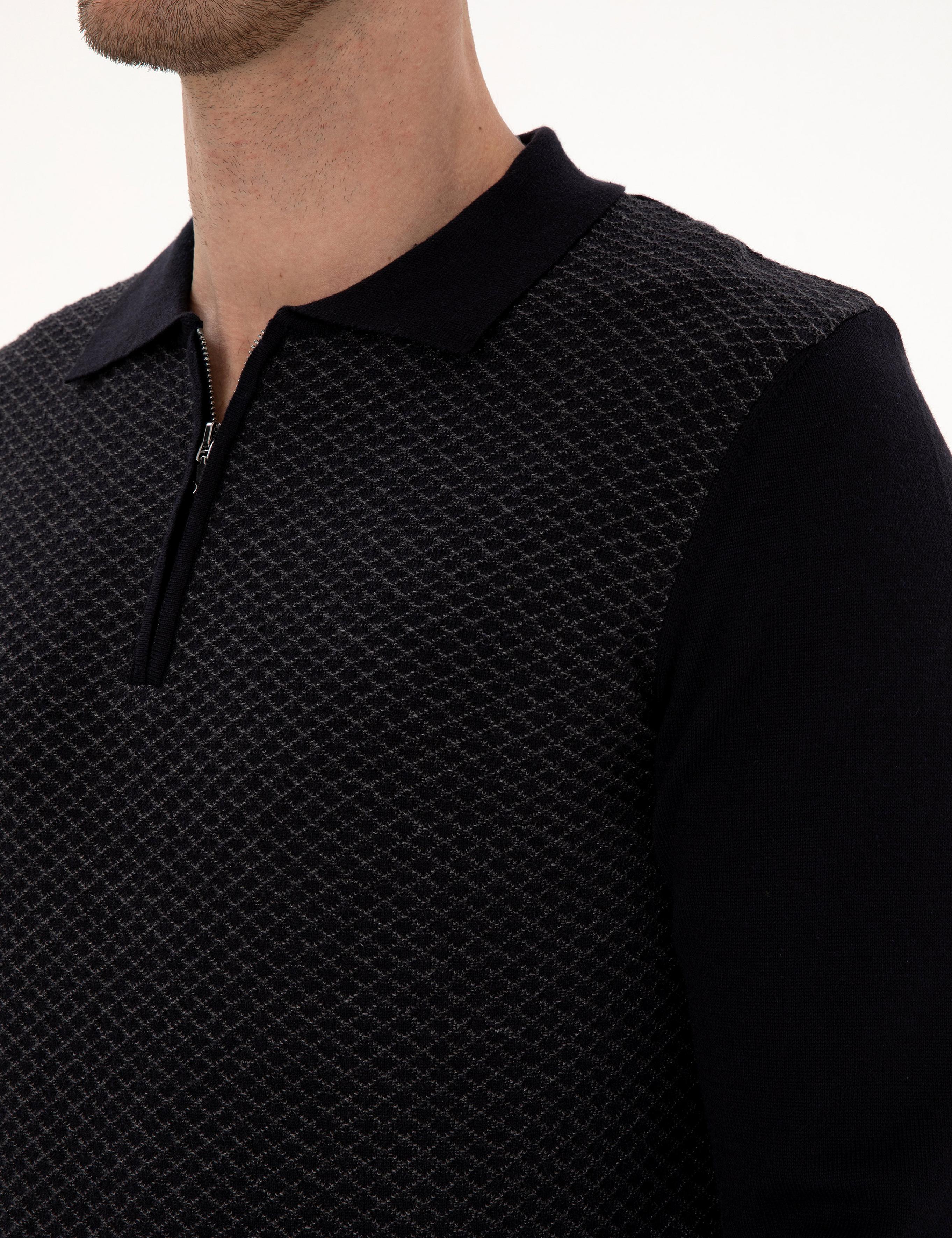 Lacivert Slim Fit Pamuk Karışımlı Fermuarlı Polo Yaka Triko Kazak - 50318948019