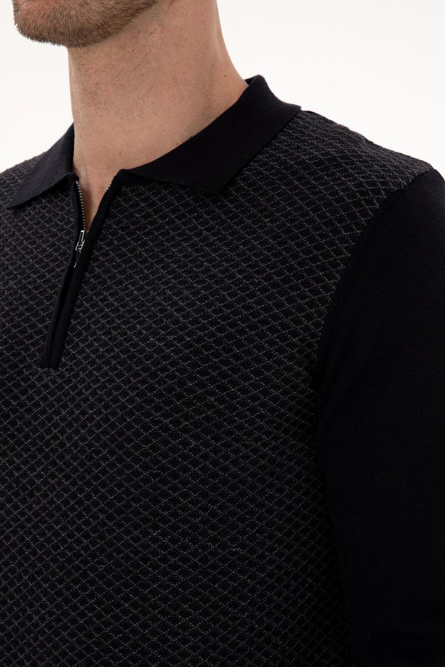Lacivert Slim Fit Pamuk Karışımlı Fermuarlı Polo Yaka Triko Kazak - 50318948019