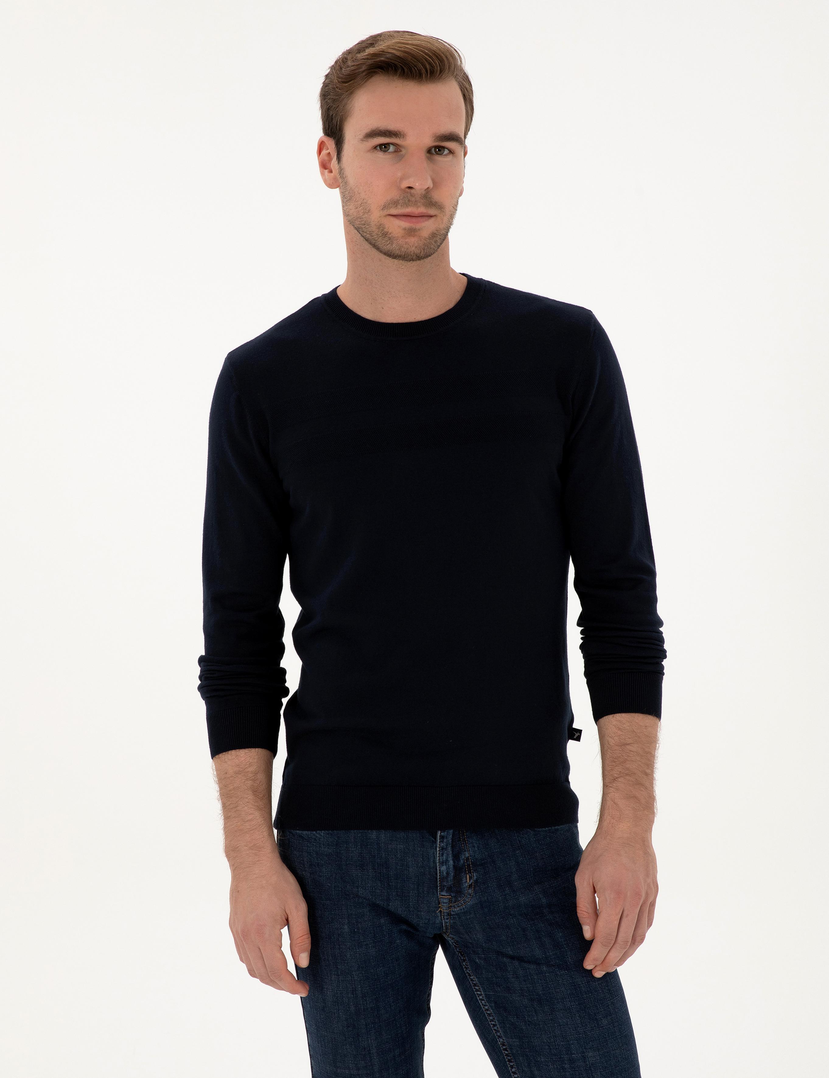 Lacivert Slim Fit Pamuk Karışımlı Bisiklet Yaka Triko Kazak - 50318982009