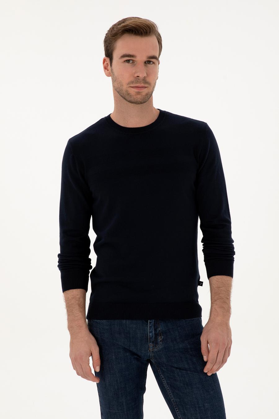 Lacivert Slim Fit Pamuk Karışımlı Bisiklet Yaka Triko Kazak - 50318982009