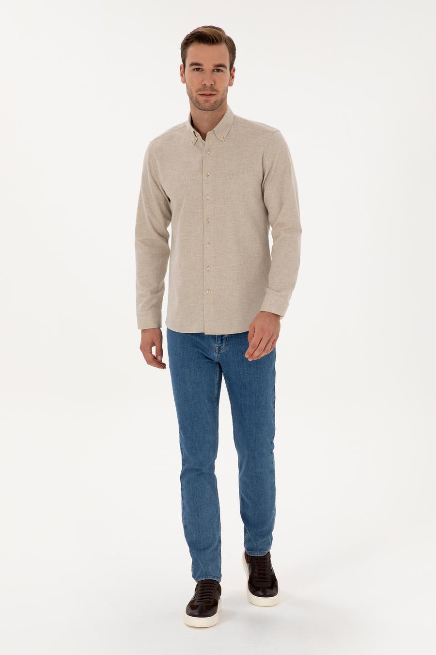 Bej Slim Fit Pamuk Karışımlı Yakası Düğmeli Flanel Gömlek - 50318243171