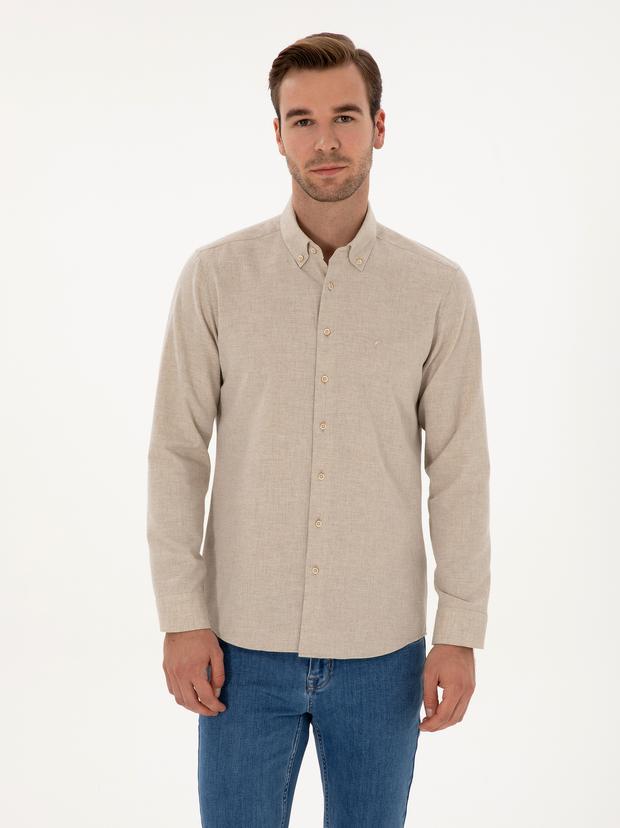 Bej Slim Fit Pamuk Karışımlı Yakası Düğmeli Flanel Gömlek