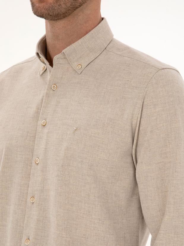 Bej Slim Fit Pamuk Karışımlı Yakası Düğmeli Flanel Gömlek