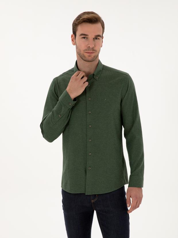 Yeşil Slim Fit Pamuk Karışımlı Yakası Düğmeli Flanel Gömlek