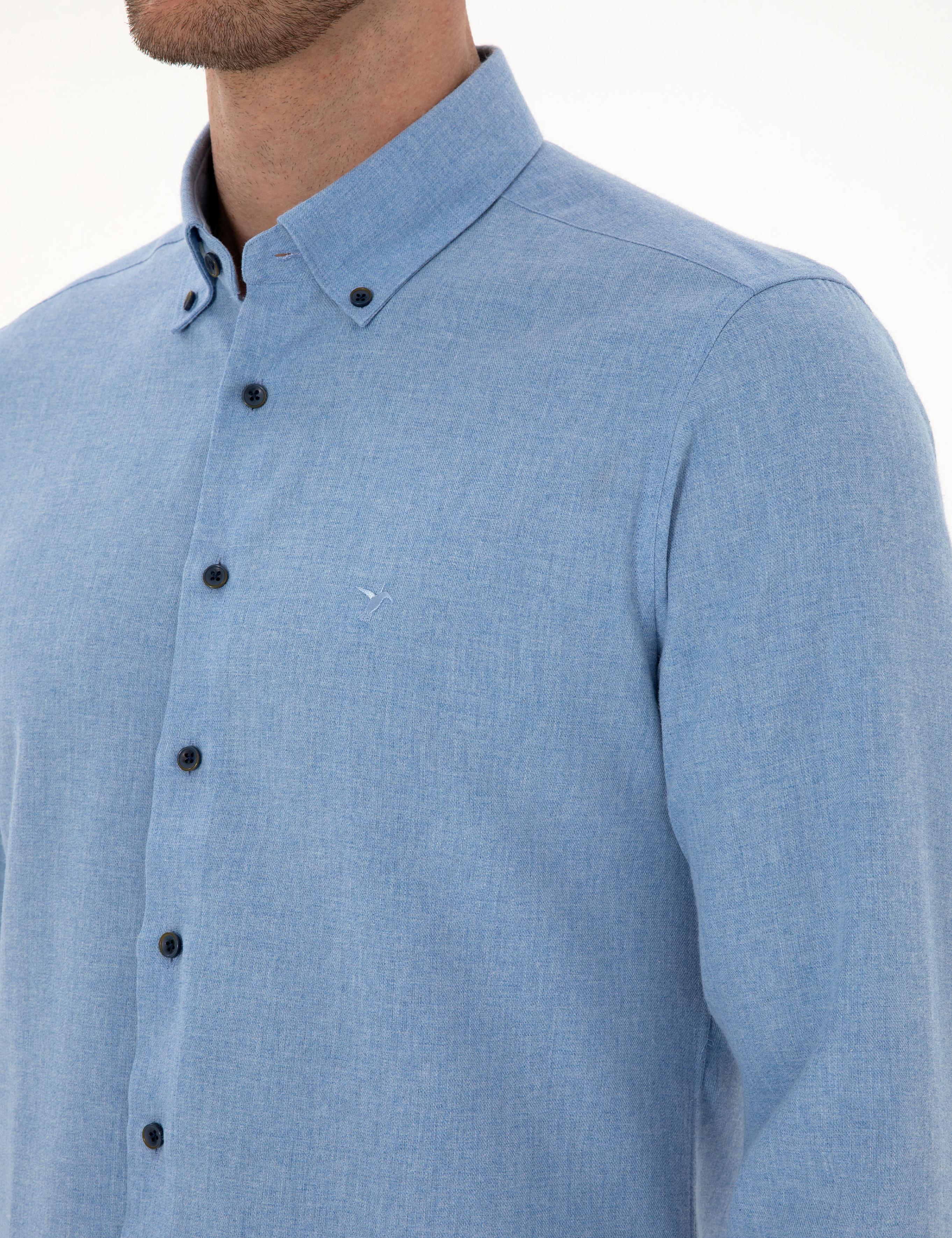 Açık Mavi Slim Fit Pamuk Karışımlı Yakası Düğmeli Flanel Gömlek - 50318243160