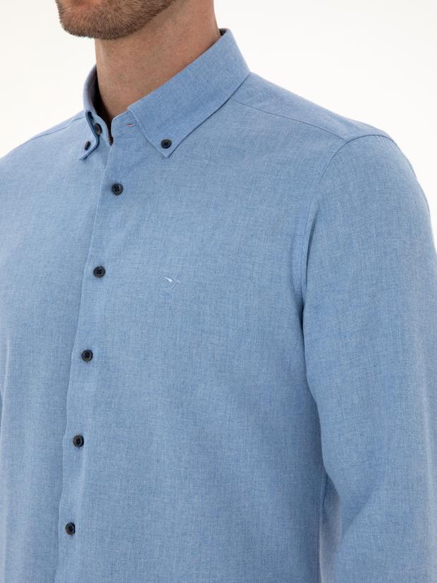 Açık Mavi Slim Fit Pamuk Karışımlı Yakası Düğmeli Flanel Gömlek