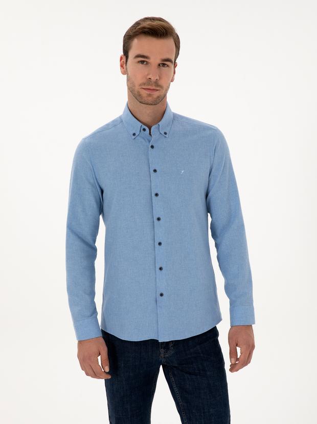 Açık Mavi Slim Fit Pamuk Karışımlı Yakası Düğmeli Flanel Gömlek