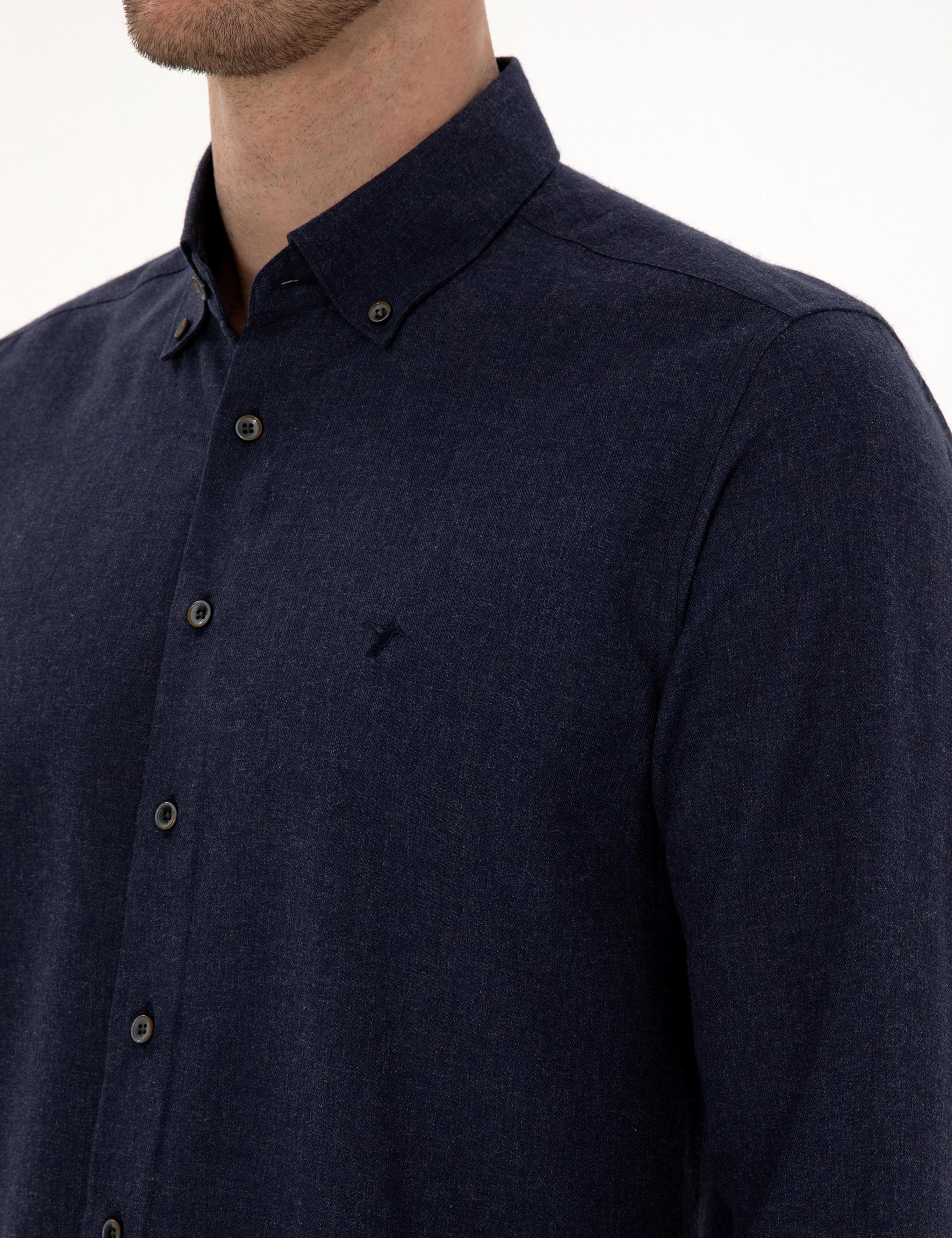 Lacivert Slim Fit Pamuk Karışımlı Yakası Düğmeli Flanel Gömlek - 50318243116