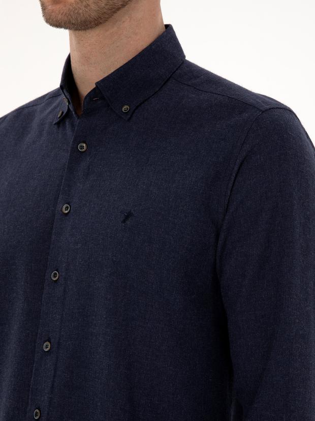 Lacivert Slim Fit Pamuk Karışımlı Yakası Düğmeli Flanel Gömlek