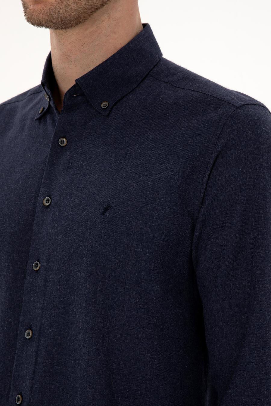 Lacivert Slim Fit Pamuk Karışımlı Yakası Düğmeli Flanel Gömlek - 50318243116