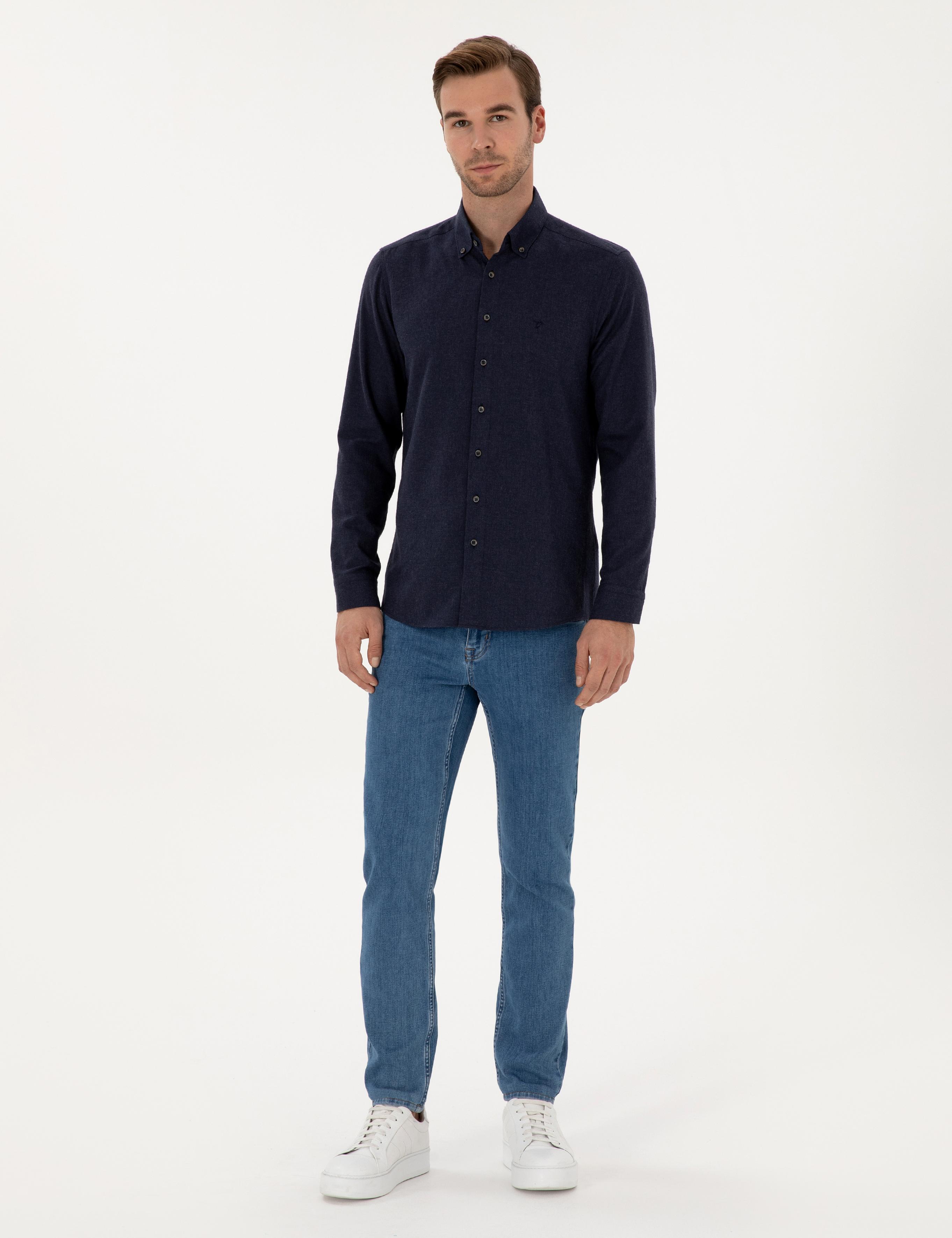 Lacivert Slim Fit Pamuk Karışımlı Yakası Düğmeli Flanel Gömlek - 50318243116