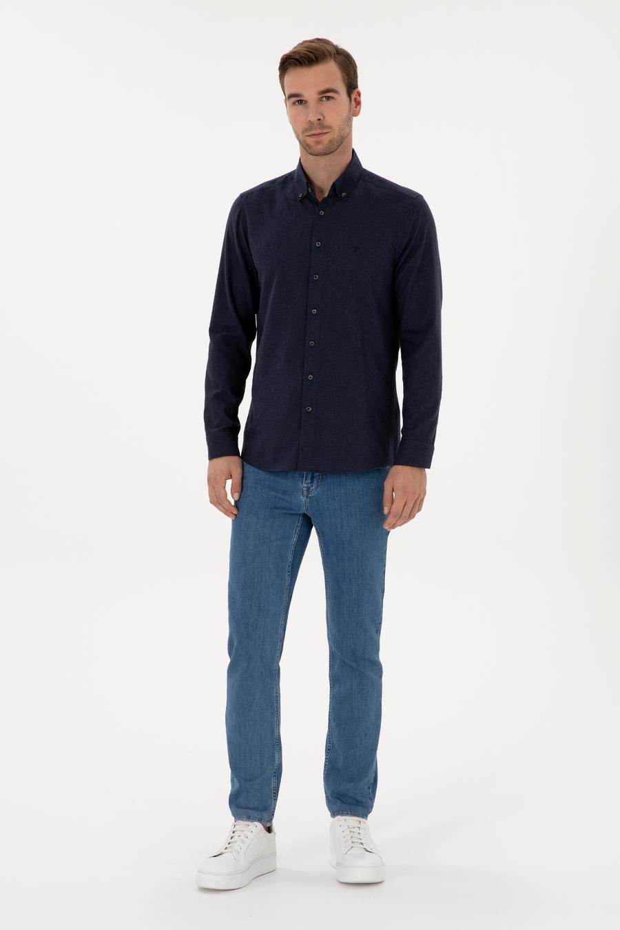 Lacivert Slim Fit Pamuk Karışımlı Yakası Düğmeli Flanel Gömlek - 50318243116