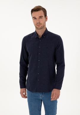 Lacivert Slim Fit Pamuk Karışımlı Yakası Düğmeli Flanel Gömlek