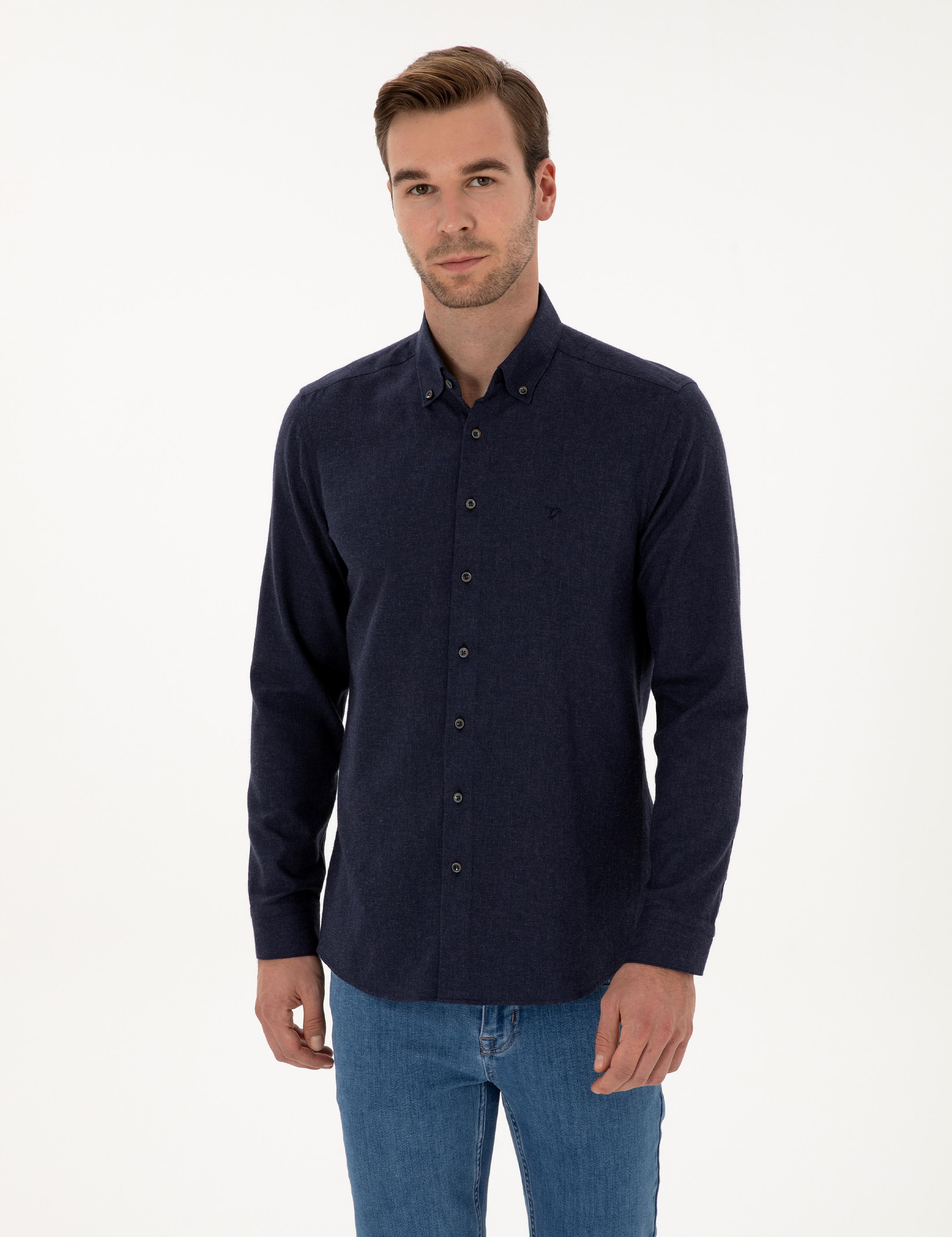 Lacivert Slim Fit Pamuk Karışımlı Yakası Düğmeli Flanel Gömlek - 50318243116