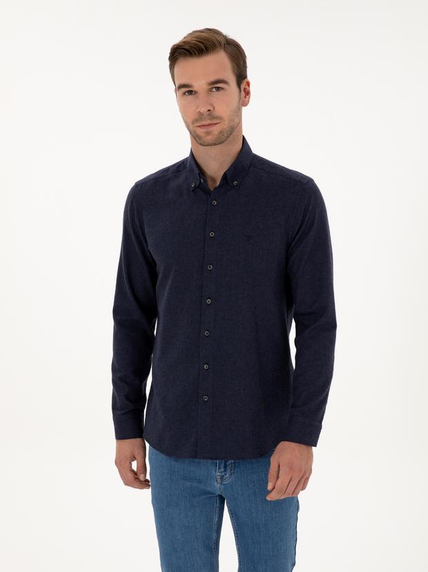 Lacivert Slim Fit Pamuk Karışımlı Yakası Düğmeli Flanel Gömlek