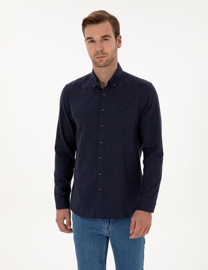Lacivert Slim Fit Pamuk Karışımlı Yakası Düğmeli Flanel Gömlek