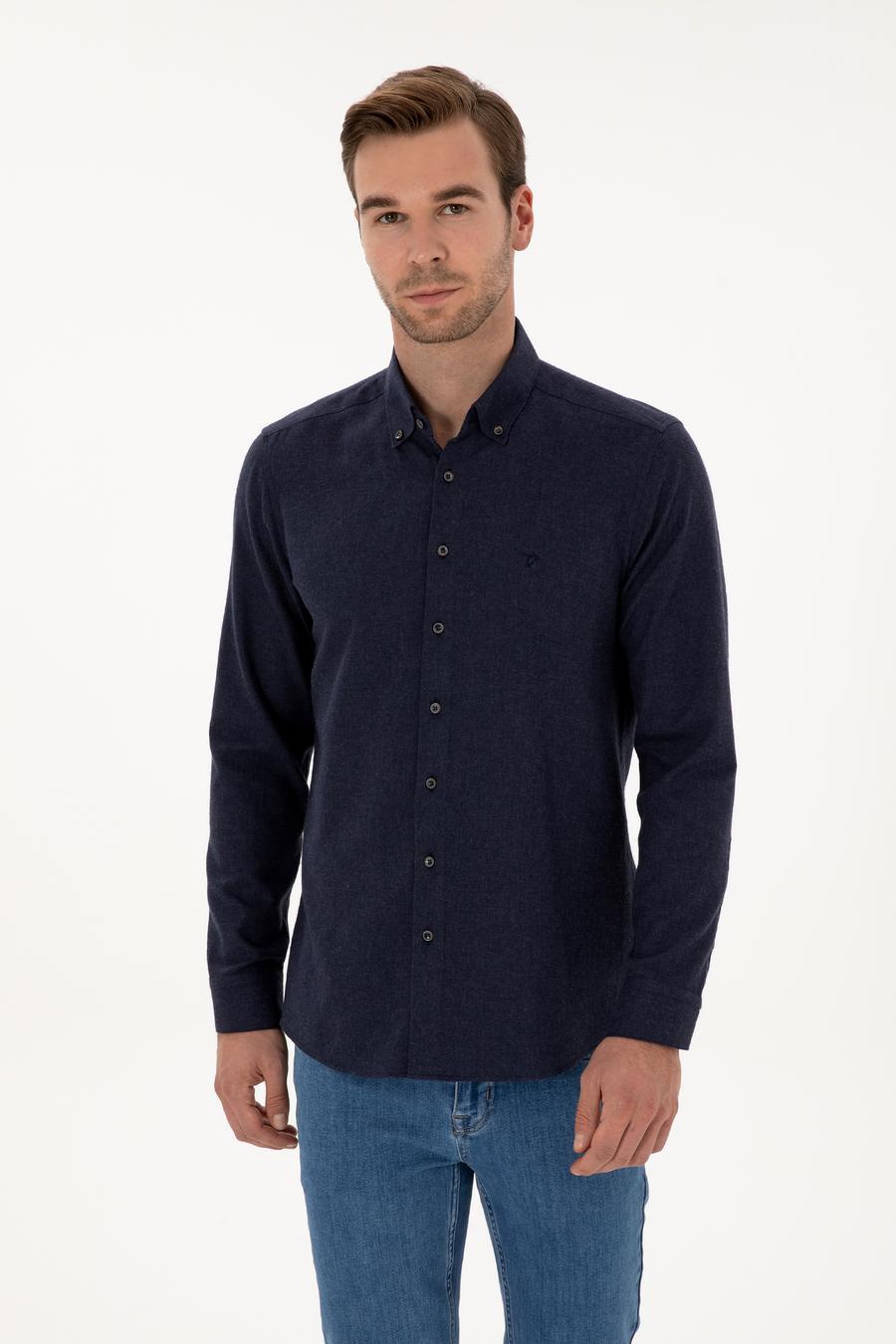 Lacivert Slim Fit Pamuk Karışımlı Yakası Düğmeli Flanel Gömlek - 50318243116