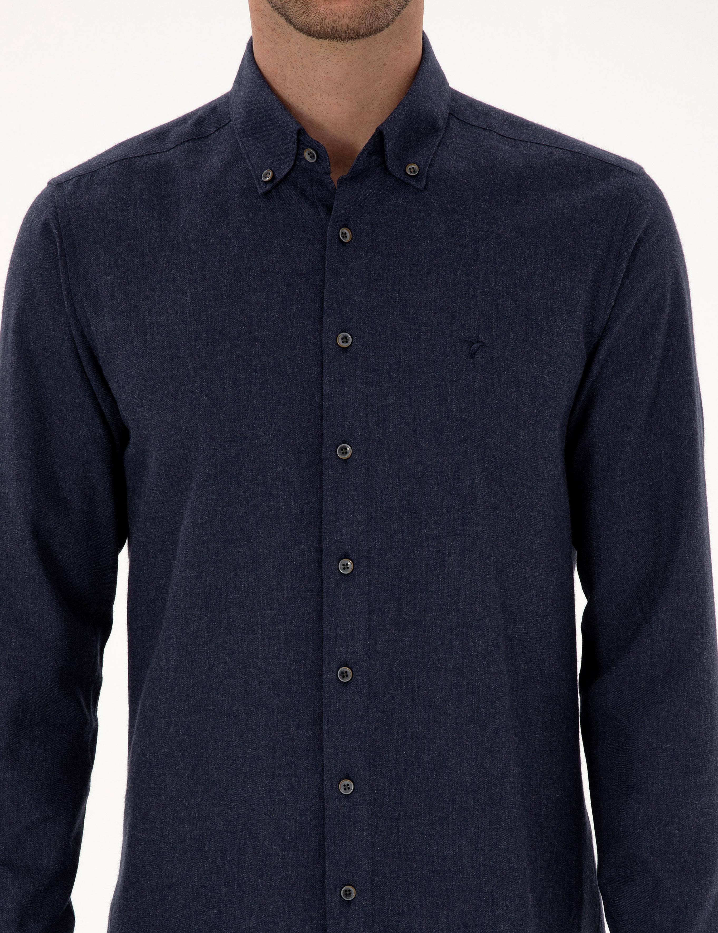 Lacivert Slim Fit Pamuk Karışımlı Yakası Düğmeli Flanel Gömlek - 50318243116