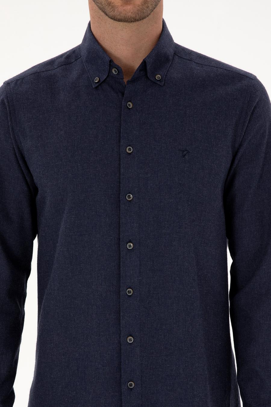 Lacivert Slim Fit Pamuk Karışımlı Yakası Düğmeli Flanel Gömlek - 50318243116