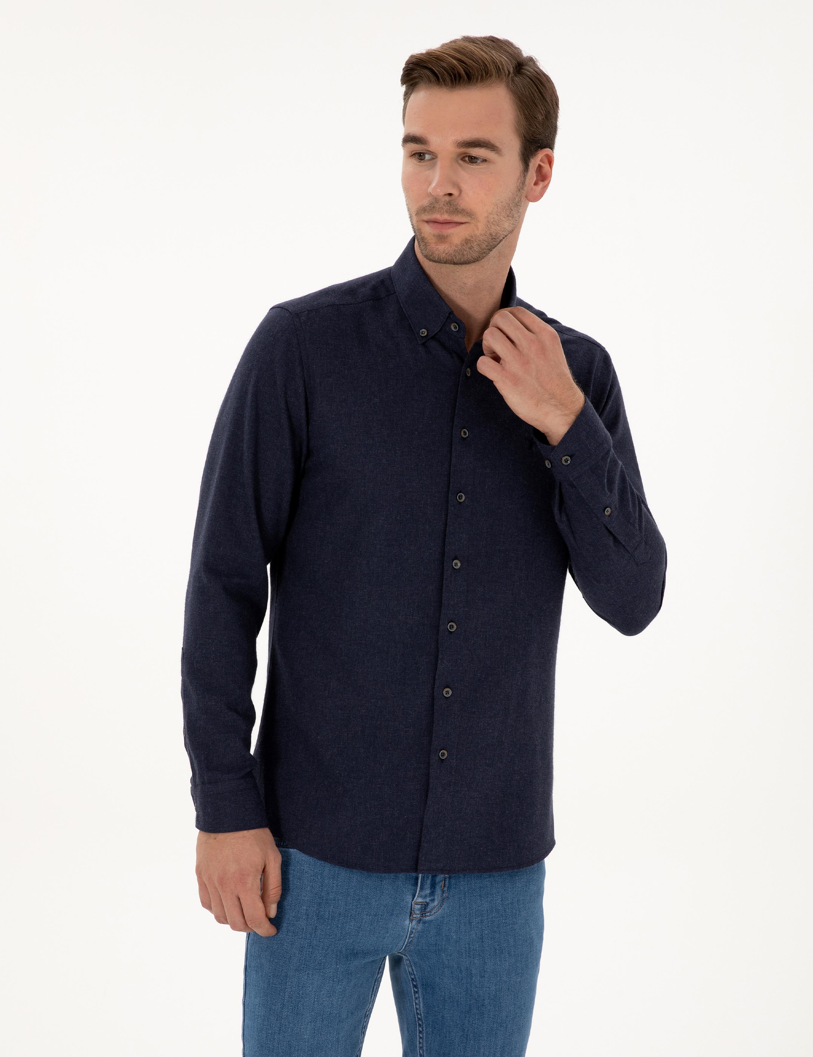 Lacivert Slim Fit Pamuk Karışımlı Yakası Düğmeli Flanel Gömlek - 50318243116