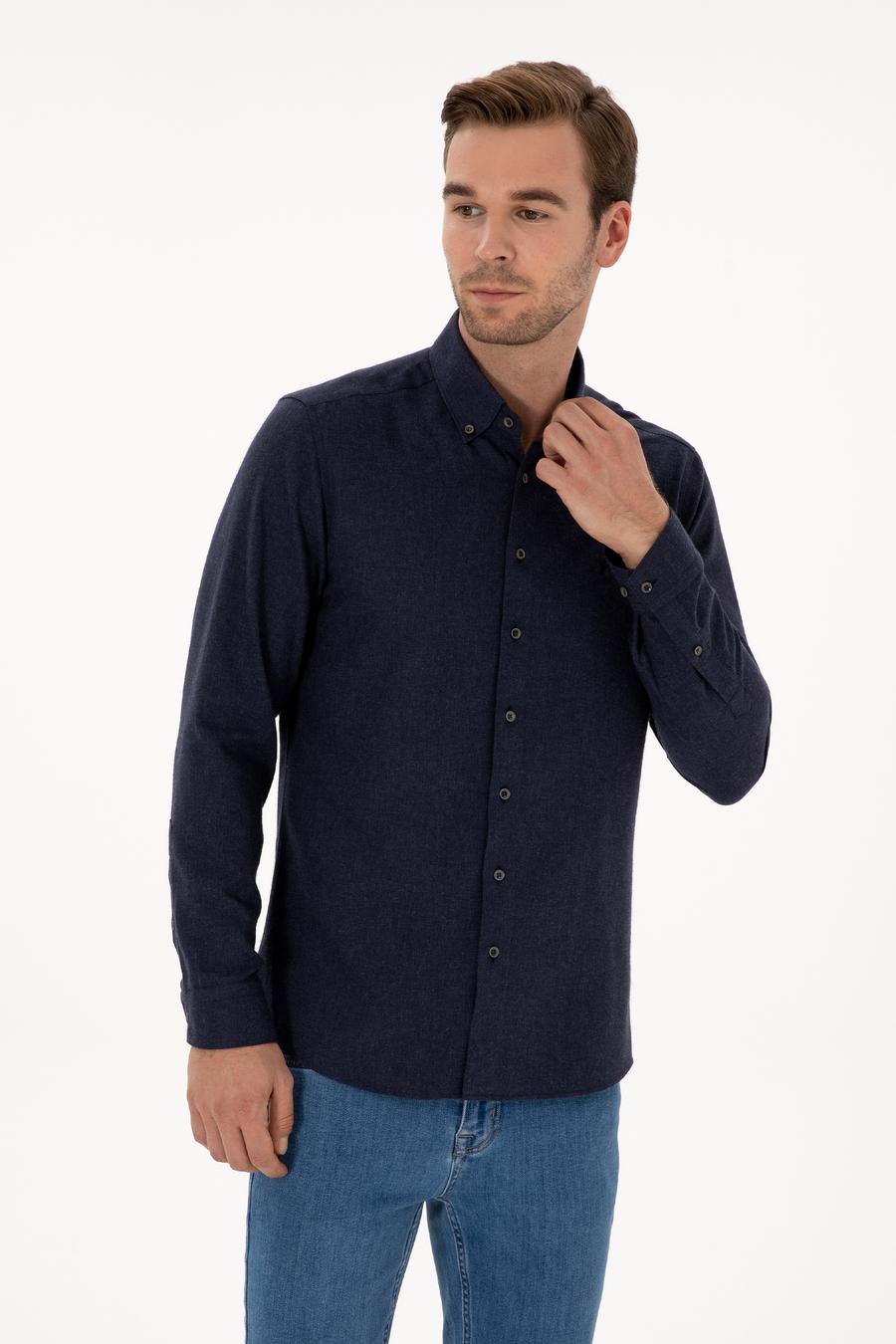 Lacivert Slim Fit Pamuk Karışımlı Yakası Düğmeli Flanel Gömlek - 50318243116