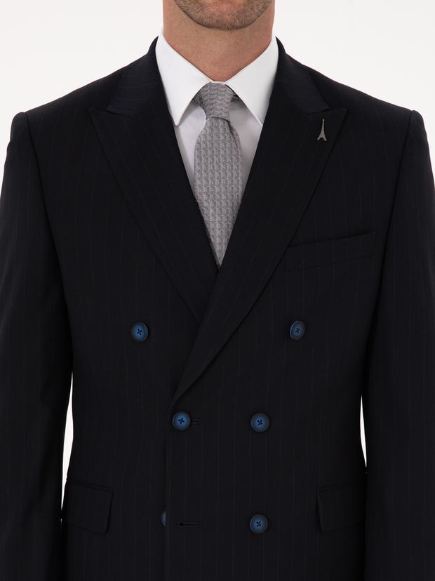 Koyu Lacivert Slim Fit Çizgili Kruvaze Takım Elbise