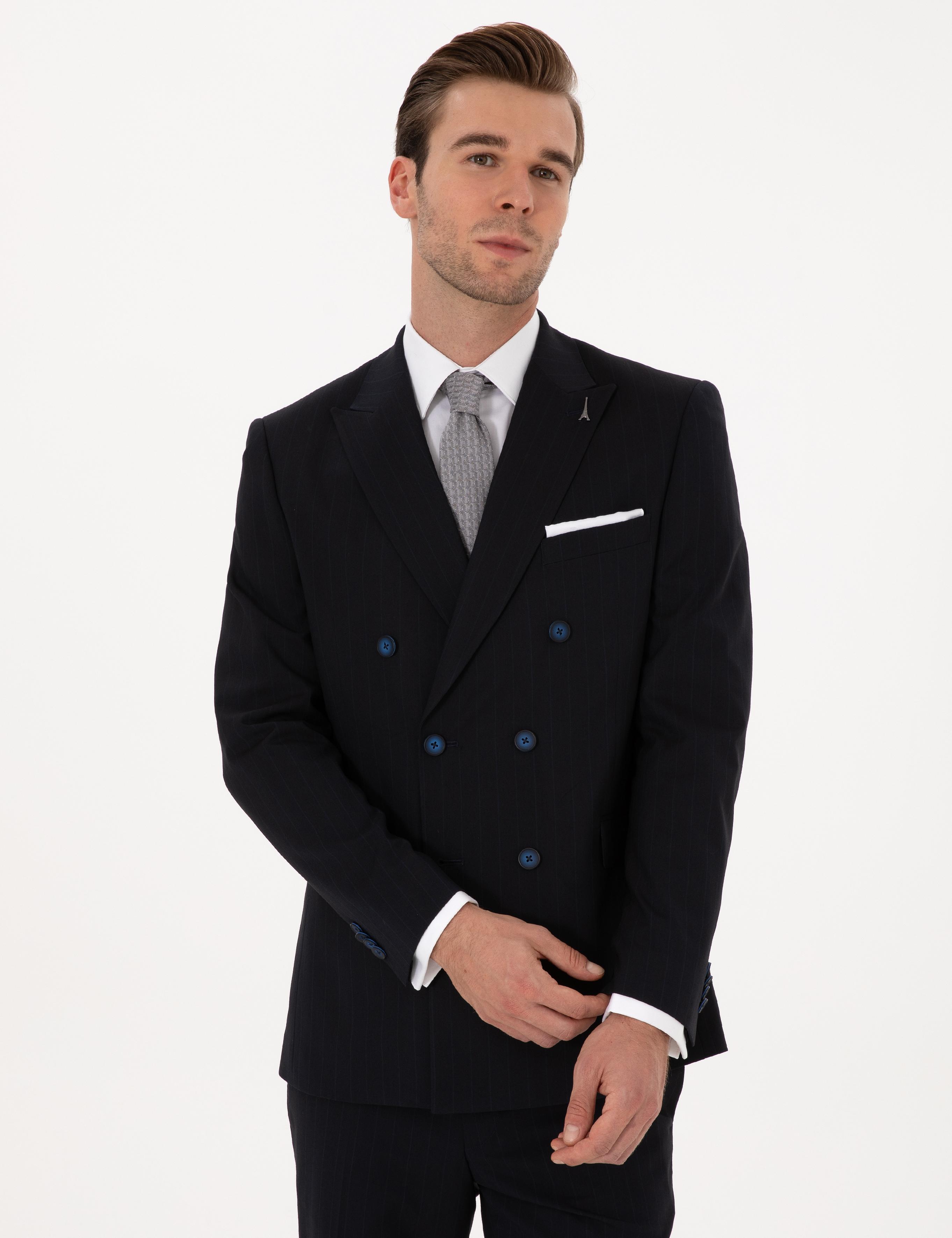 Koyu Lacivert Slim Fit Çizgili Kruvaze Takım Elbise - 50293931008