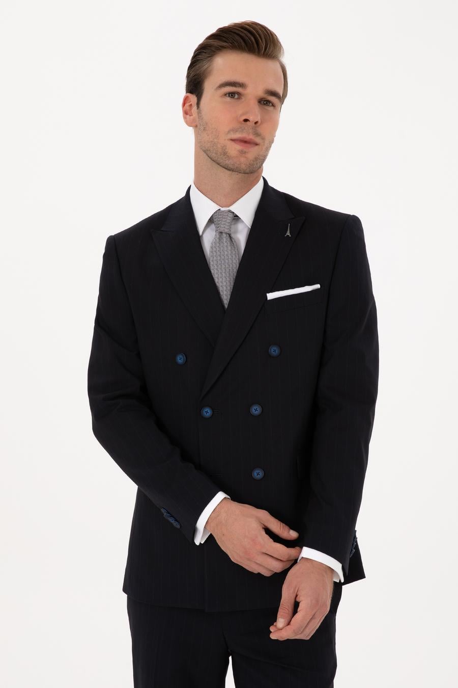 Koyu Lacivert Slim Fit Çizgili Kruvaze Takım Elbise - 50293931008