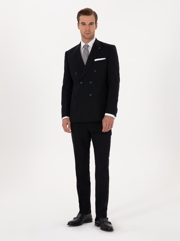 Koyu Lacivert Slim Fit Çizgili Kruvaze Takım Elbise