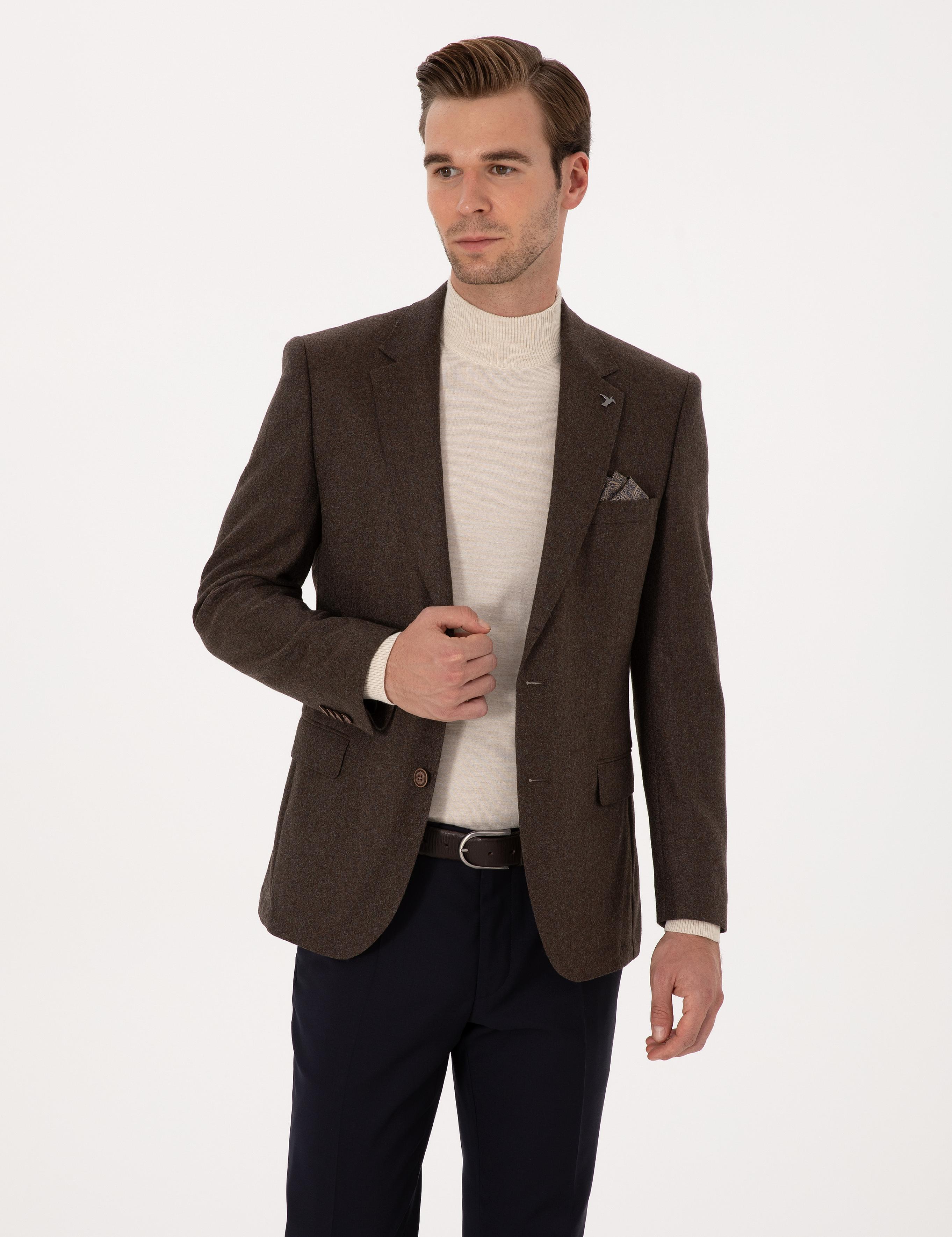 Kahverengi Slim Fit Yün Kaşmir Karışımlı Ceket - 50299266053