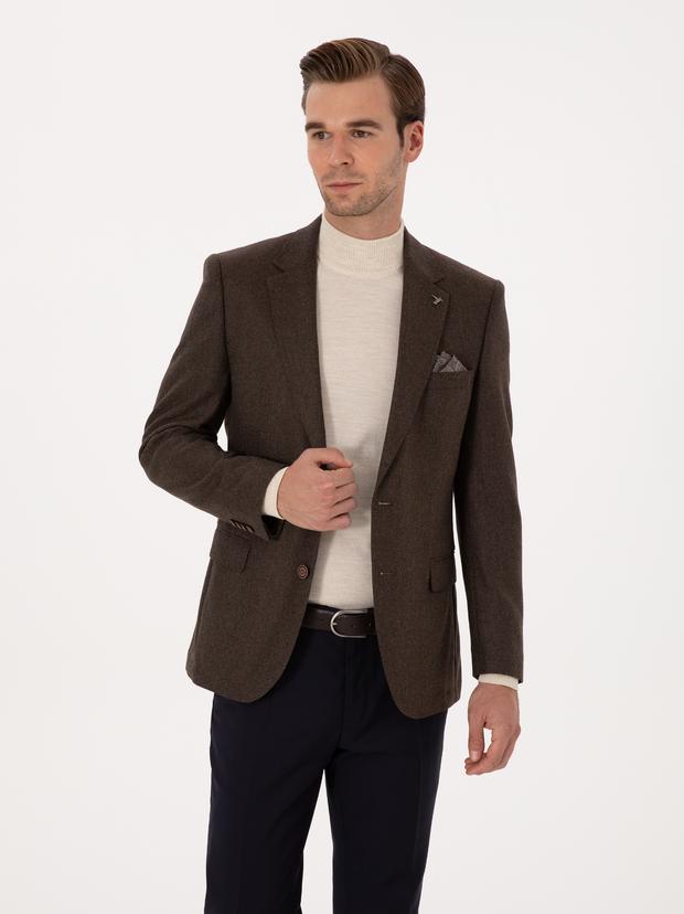 Kahverengi Slim Fit Yün Kaşmir Karışımlı Ceket