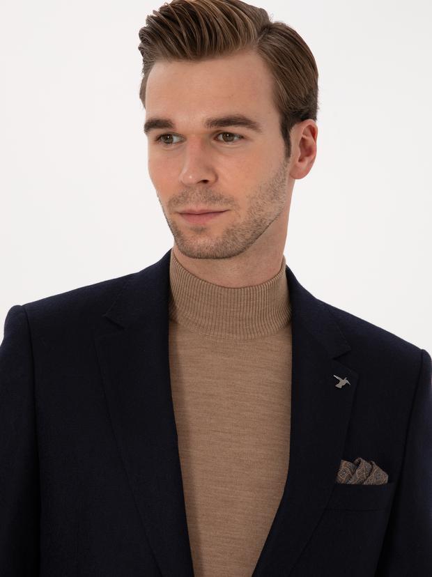 Lacivert Slim Fit Yün Kaşmir Karışımlı Ceket