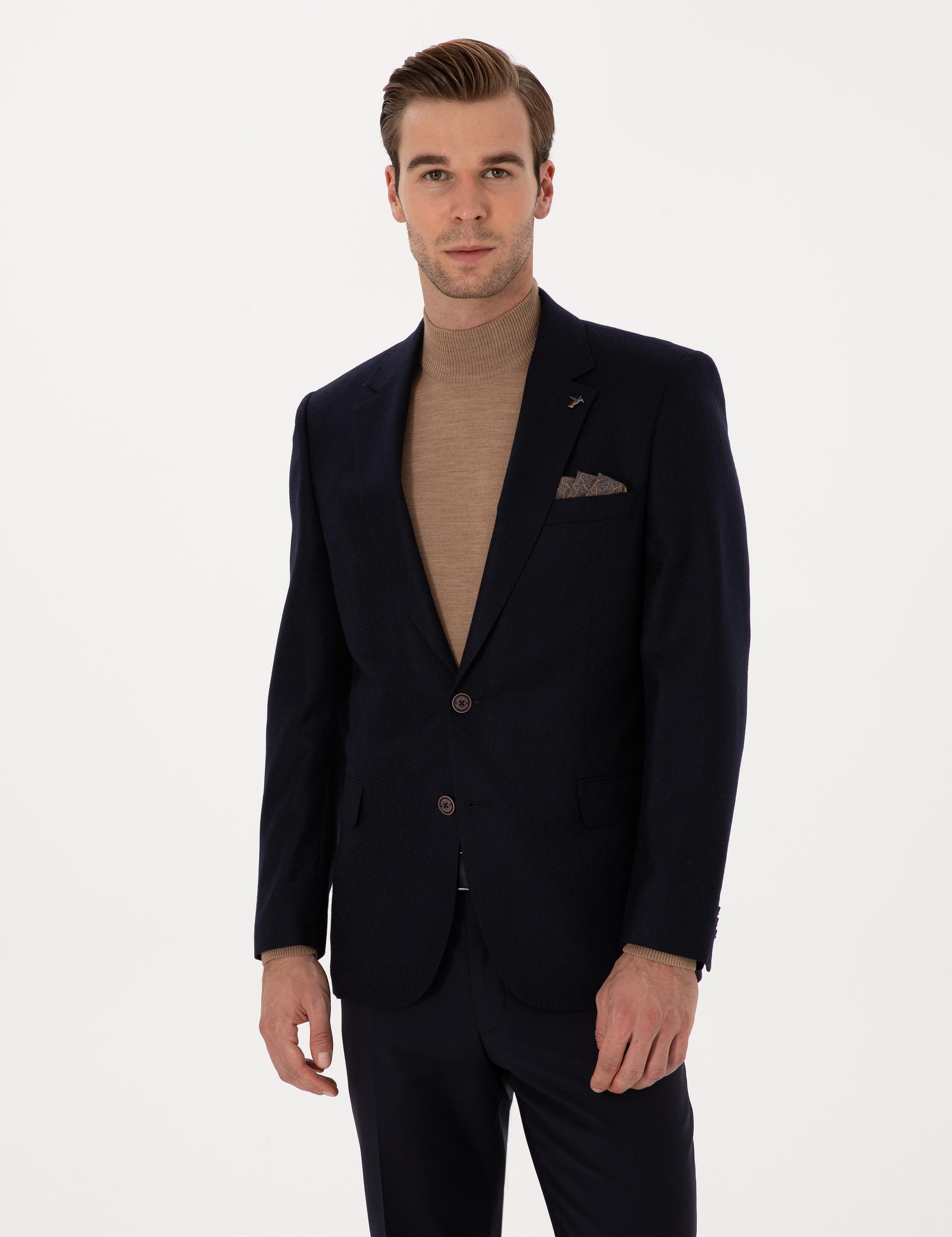 Lacivert Slim Fit Yün Kaşmir Karışımlı Ceket - 50299266008
