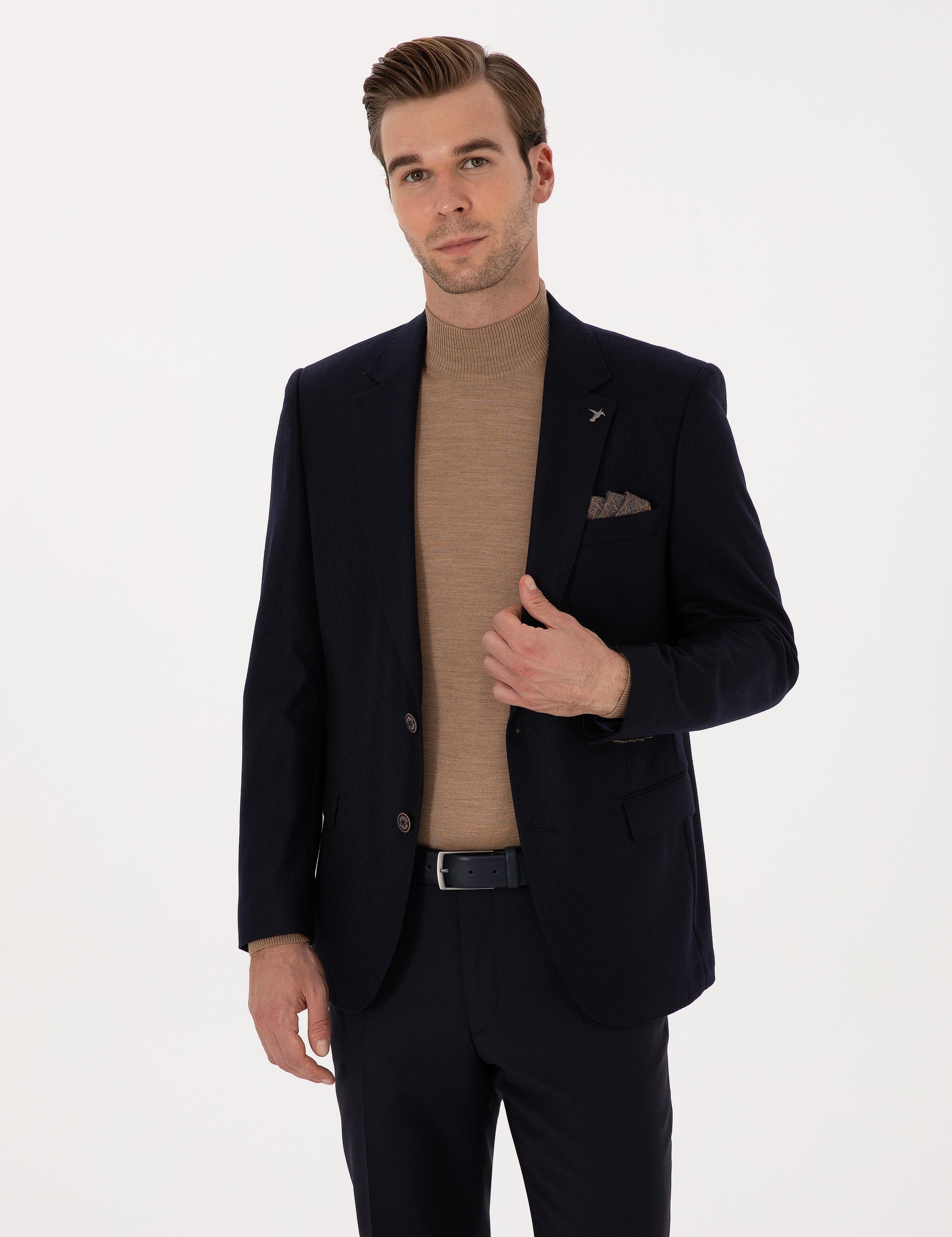 Lacivert Slim Fit Yün Kaşmir Karışımlı Ceket - 50299266008