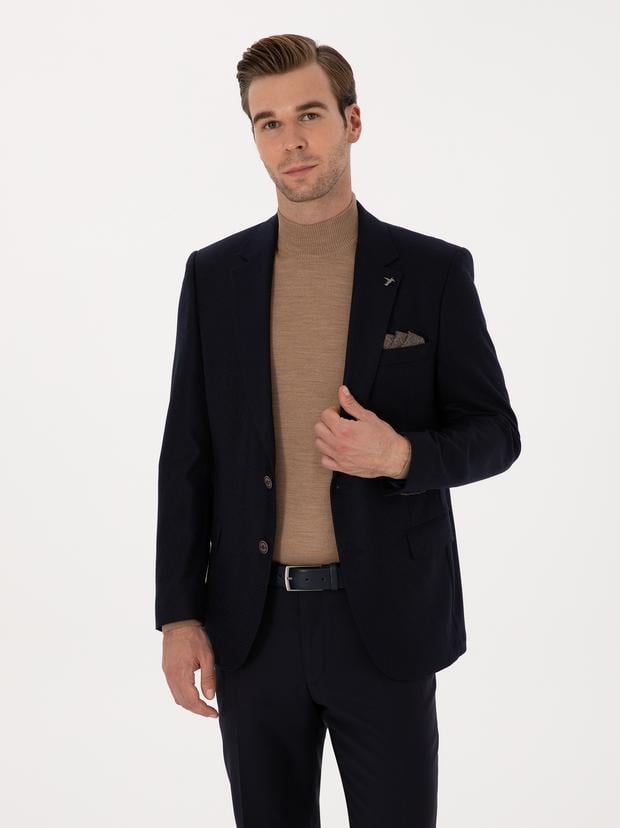 Lacivert Slim Fit Yün Kaşmir Karışımlı Ceket