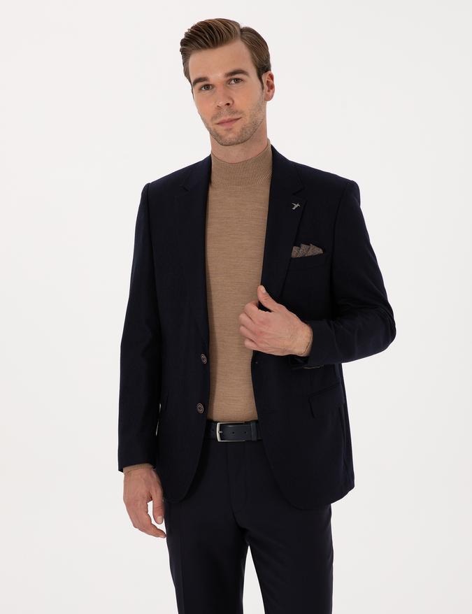 Lacivert Slim Fit Yün Kaşmir Karışımlı Ceket