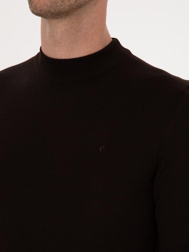 Kahverengi Slim Fit Yün Karışımlı Çeyrek Balıkçı Basic Triko Kazak