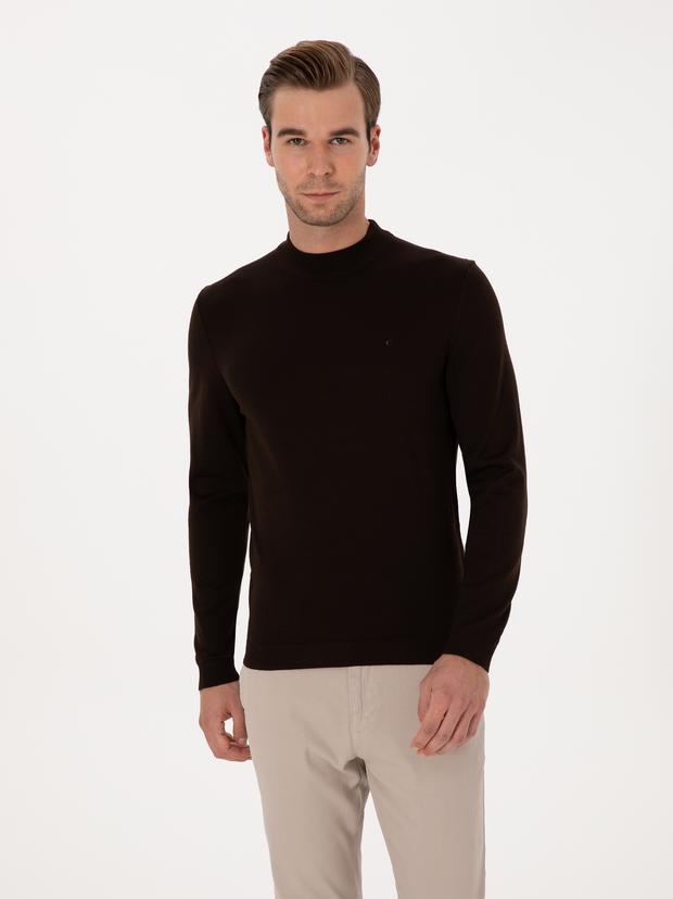Kahverengi Slim Fit Yün Karışımlı Çeyrek Balıkçı Basic Triko Kazak