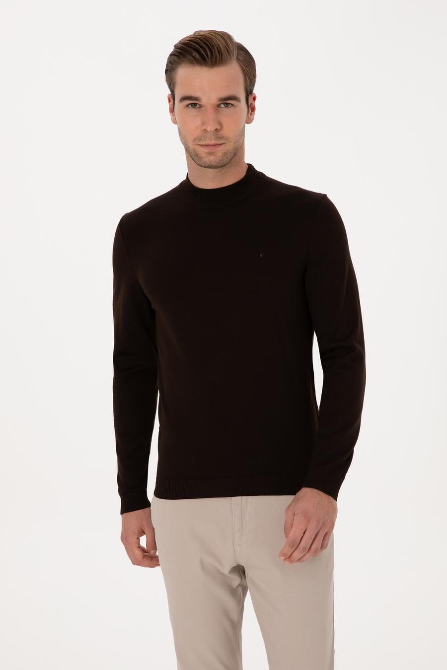 Kahverengi Slim Fit Yün Karışımlı Çeyrek Balıkçı Basic Triko Kazak - 50315295050