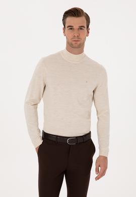 Bej Slim Fit Yün Karışımlı Yarım Balıkçı Basic Triko Kazak