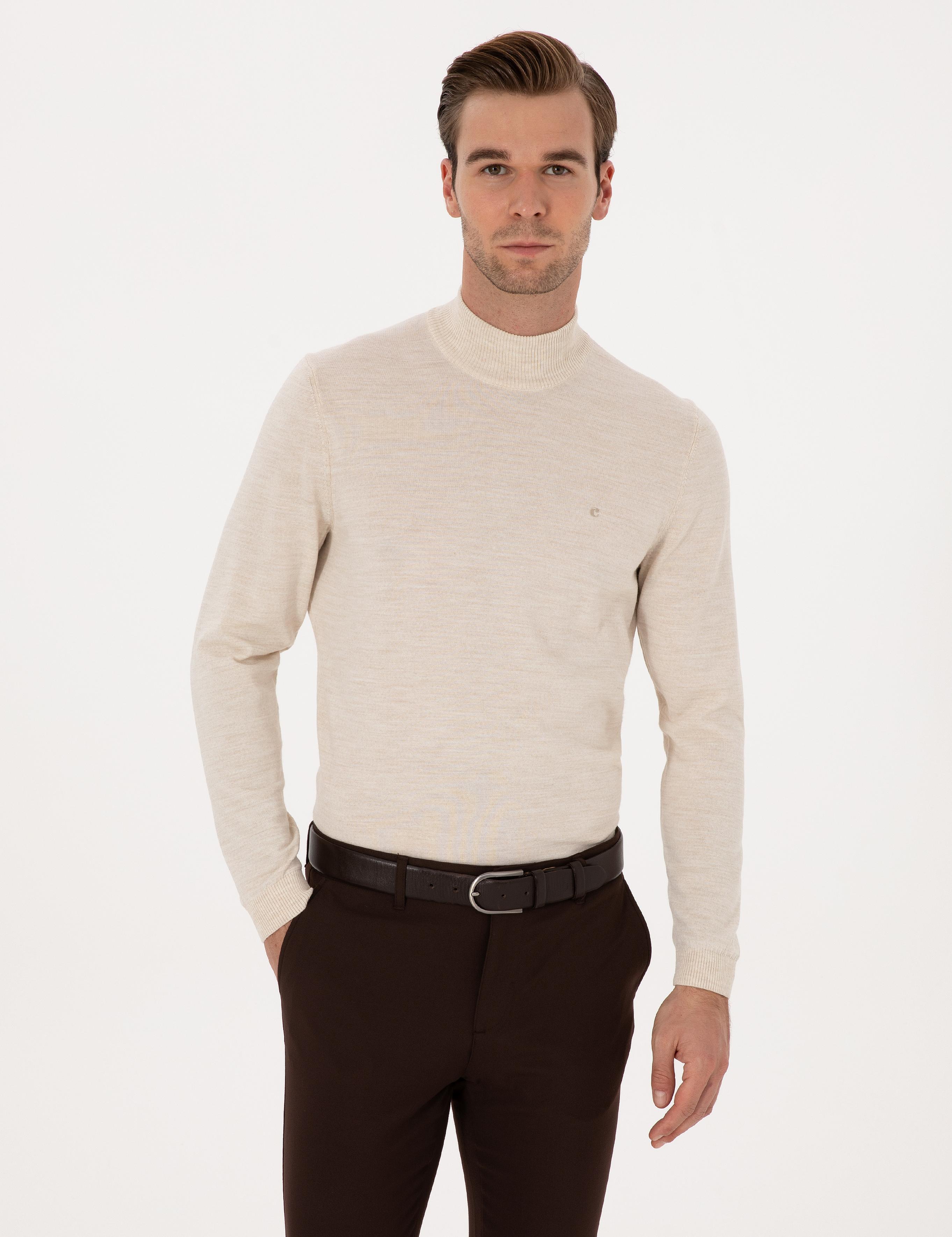 Bej Slim Fit Yün Karışımlı Yarım Balıkçı Basic Triko Kazak - 50315296036
