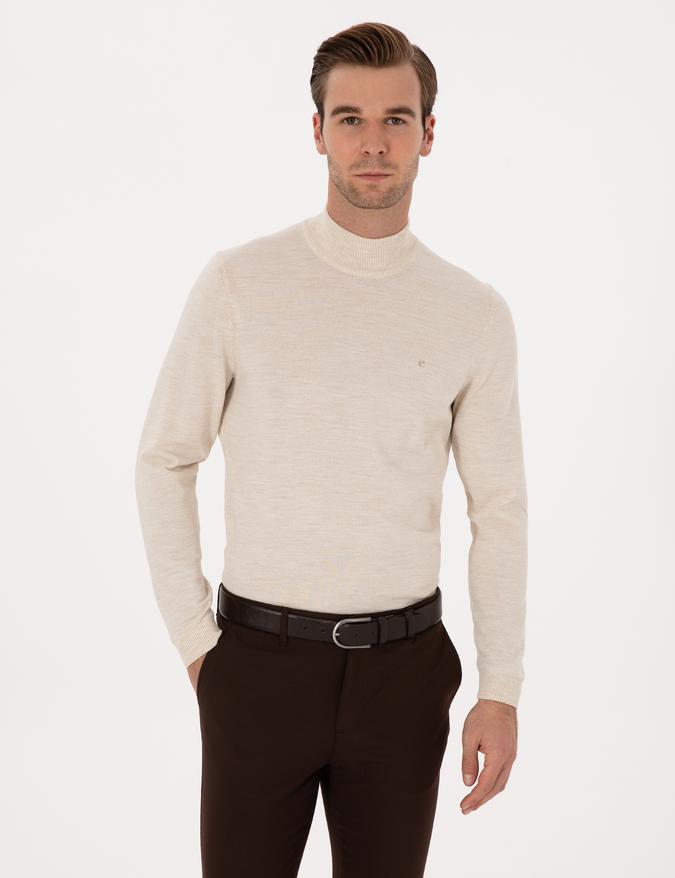 Bej Slim Fit Yün Karışımlı Yarım Balıkçı Basic Triko Kazak