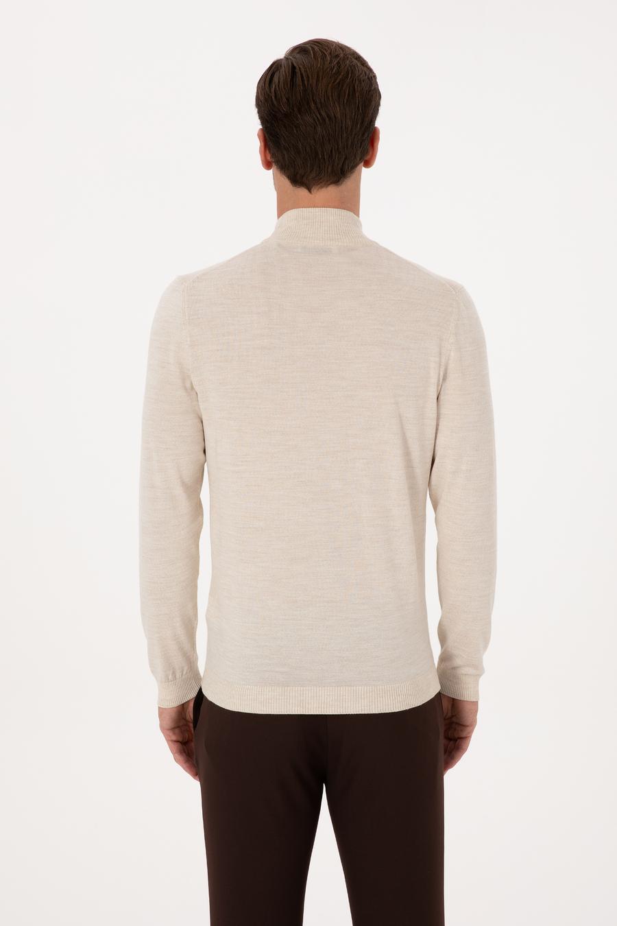 Bej Slim Fit Yün Karışımlı Yarım Balıkçı Basic Triko Kazak - 50315296036