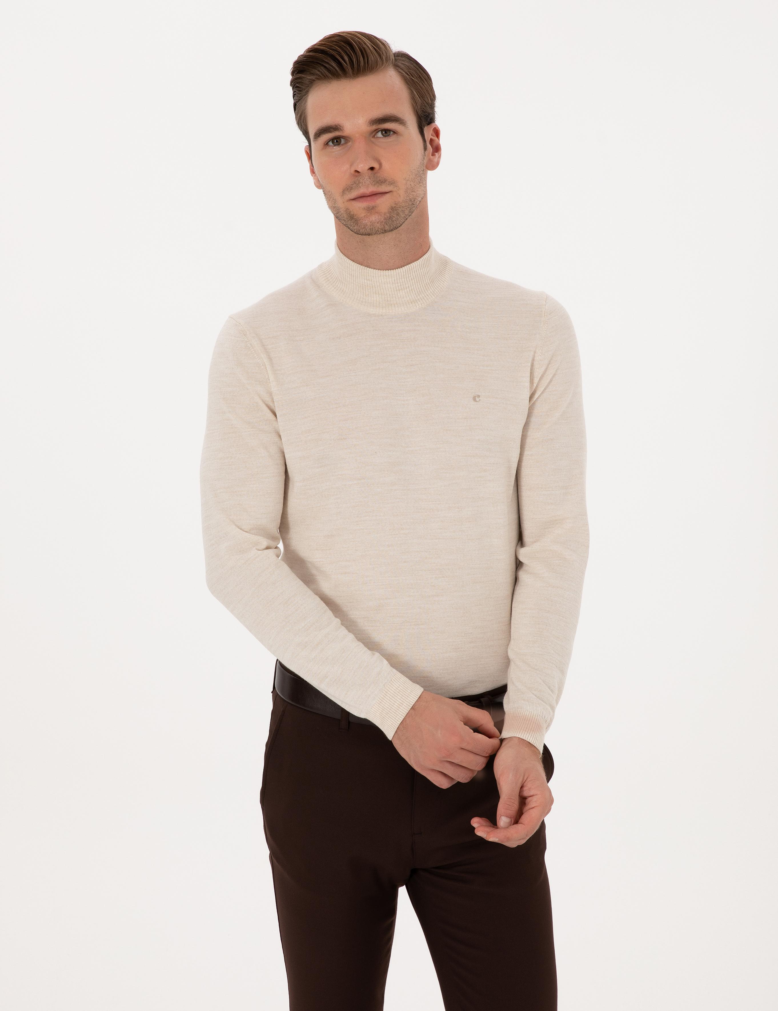 Bej Slim Fit Yün Karışımlı Yarım Balıkçı Basic Triko Kazak - 50315296036