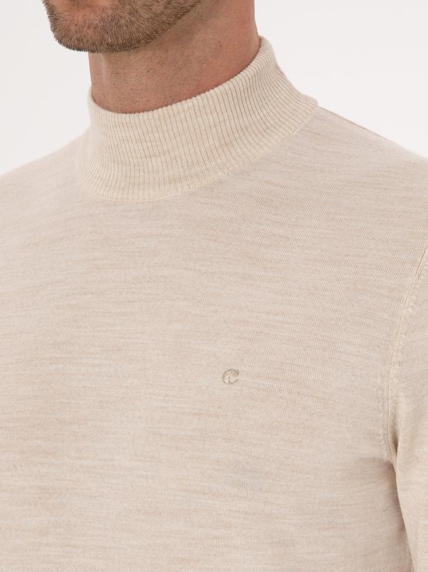 Bej Slim Fit Yün Karışımlı Yarım Balıkçı Basic Triko Kazak