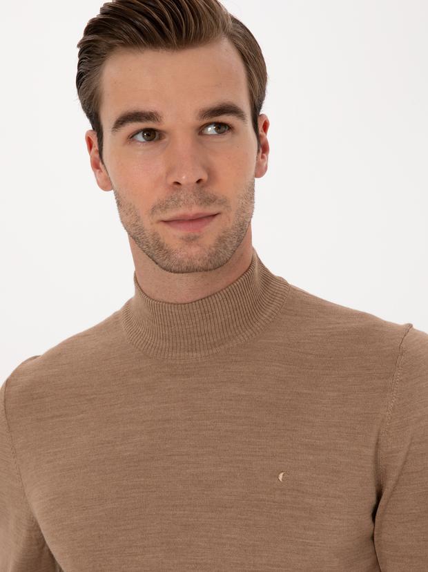 Camel Slim Fit Yün Karışımlı Yarım Balıkçı Basic Triko Kazak