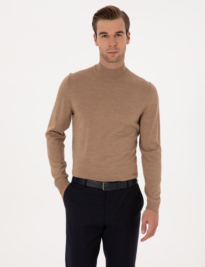 Camel Slim Fit Yün Karışımlı Yarım Balıkçı Basic Triko Kazak